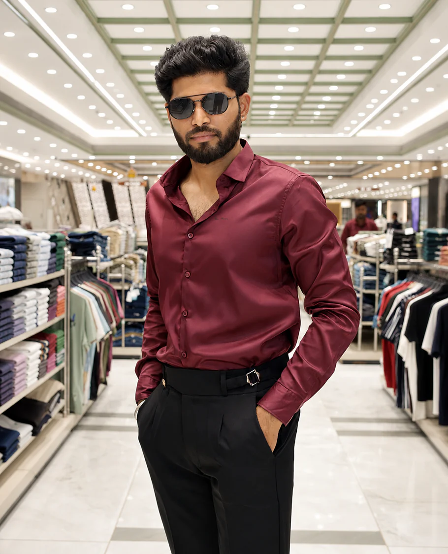 Maroon Solid Satin Formal Shirt, Featuring a Spread Collar, Full Sleeves, Slim Fit, and Regular Length - Image 2