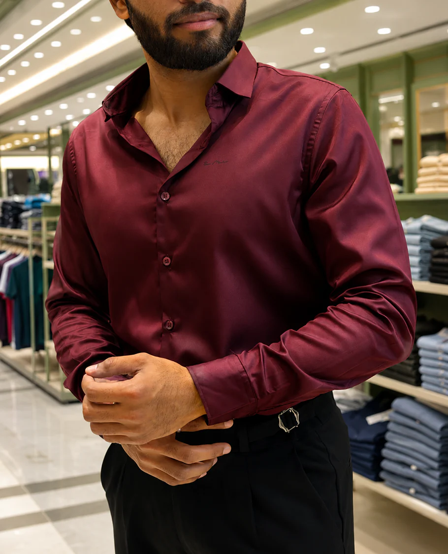 Maroon Solid Satin Formal Shirt, Featuring a Spread Collar, Full Sleeves, Slim Fit, and Regular Length - Image 6