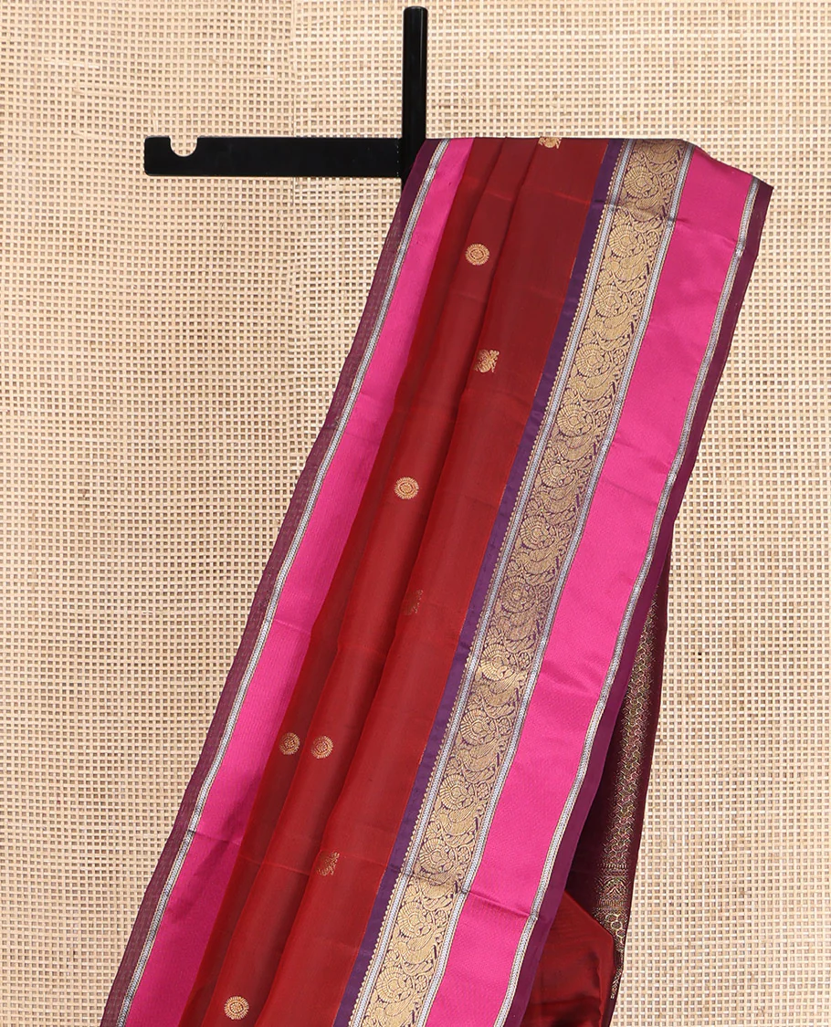 Maroon Vasundhara Lite Silk Mix Saree, Accentuated with Annam Chakram Zari Buttas, Complemented by a Contrast Rettai Pettu Border of Rekku, Kathir, and Mayil Designs, Meticulously Designed Pallu, and Paired with a Contrast Blouse - Image 3