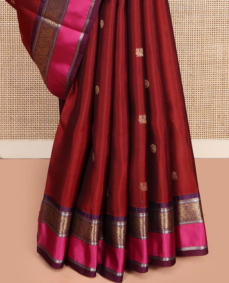 Maroon Vasundhara Lite Silk Mix Saree, Accentuated with Annam Chakram Zari Buttas, Complemented by a Contrast Rettai Pettu Border of Rekku, Kathir, and Mayil Designs, Meticulously Designed Pallu, and Paired with a Contrast Blouse - Image 4