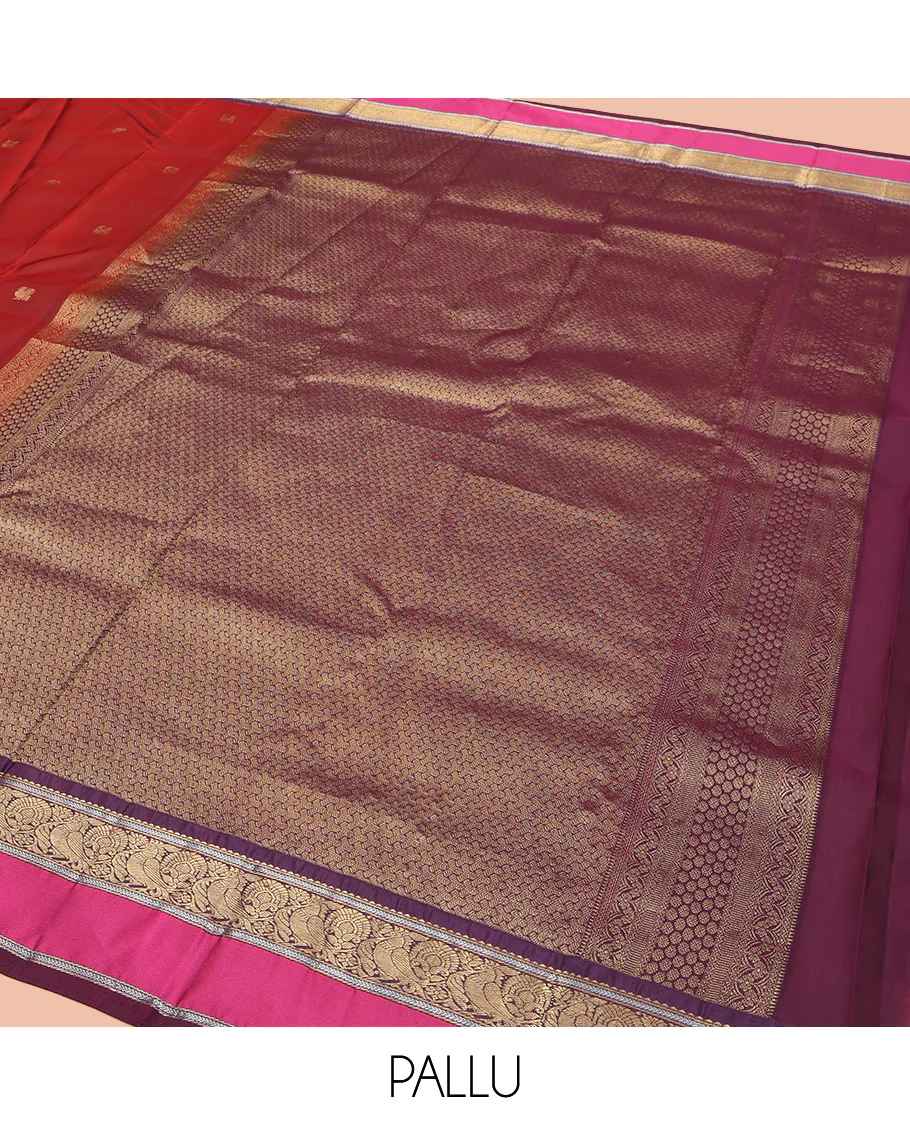 Maroon Vasundhara Lite Silk Mix Saree, Accentuated with Annam Chakram Zari Buttas, Complemented by a Contrast Rettai Pettu Border of Rekku, Kathir, and Mayil Designs, Meticulously Designed Pallu, and Paired with a Contrast Blouse - Image 5