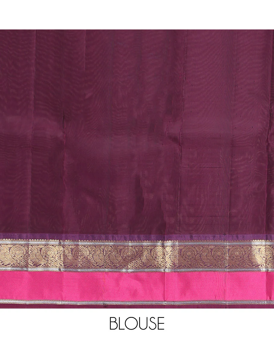 Maroon Vasundhara Lite Silk Mix Saree, Accentuated with Annam Chakram Zari Buttas, Complemented by a Contrast Rettai Pettu Border of Rekku, Kathir, and Mayil Designs, Meticulously Designed Pallu, and Paired with a Contrast Blouse - Image 6