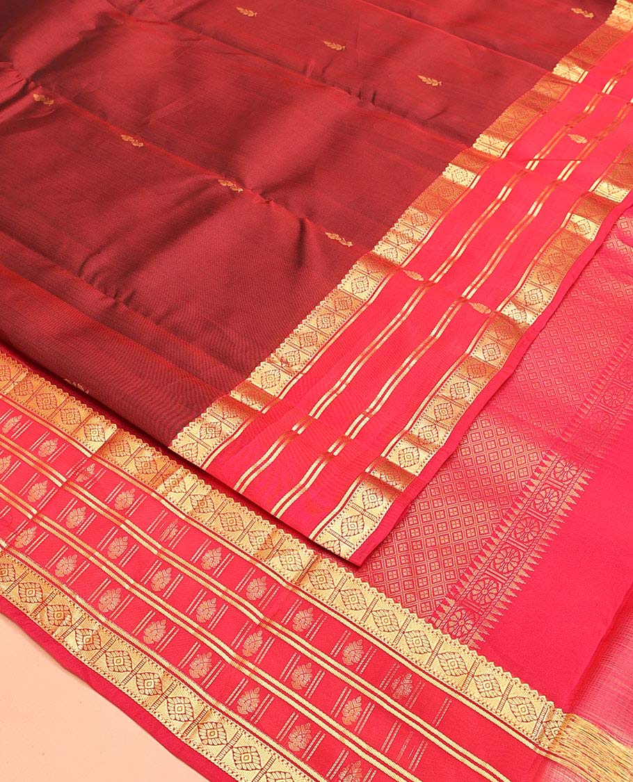 Maroon Vasundhara Lite Silk Mix Saree, Decked Up with Zari Buttas All Over Its Body, Complemented by a Contrast Border of Rekku, Muthu, and Diamond Designs, Grand Jaal-Design Pallu, and Paired with a Contrast Blouse - Image 2