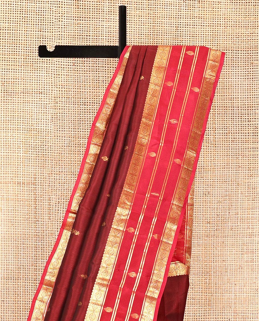 Maroon Vasundhara Lite Silk Mix Saree, Decked Up with Zari Buttas All Over Its Body, Complemented by a Contrast Border of Rekku, Muthu, and Diamond Designs, Grand Jaal-Design Pallu, and Paired with a Contrast Blouse - Image 3