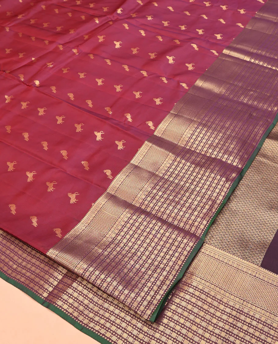 Maroon Vasundhara Lite Silk Mix Saree, Embellished with Zari Buttas All Over Its Body, Complemented by Contrast Border of Rekku, Kathir, Poun, Ara Maadam, and Geometric Patterns, Grand Pallu and Paired with a Contrast Blouse - Image 2