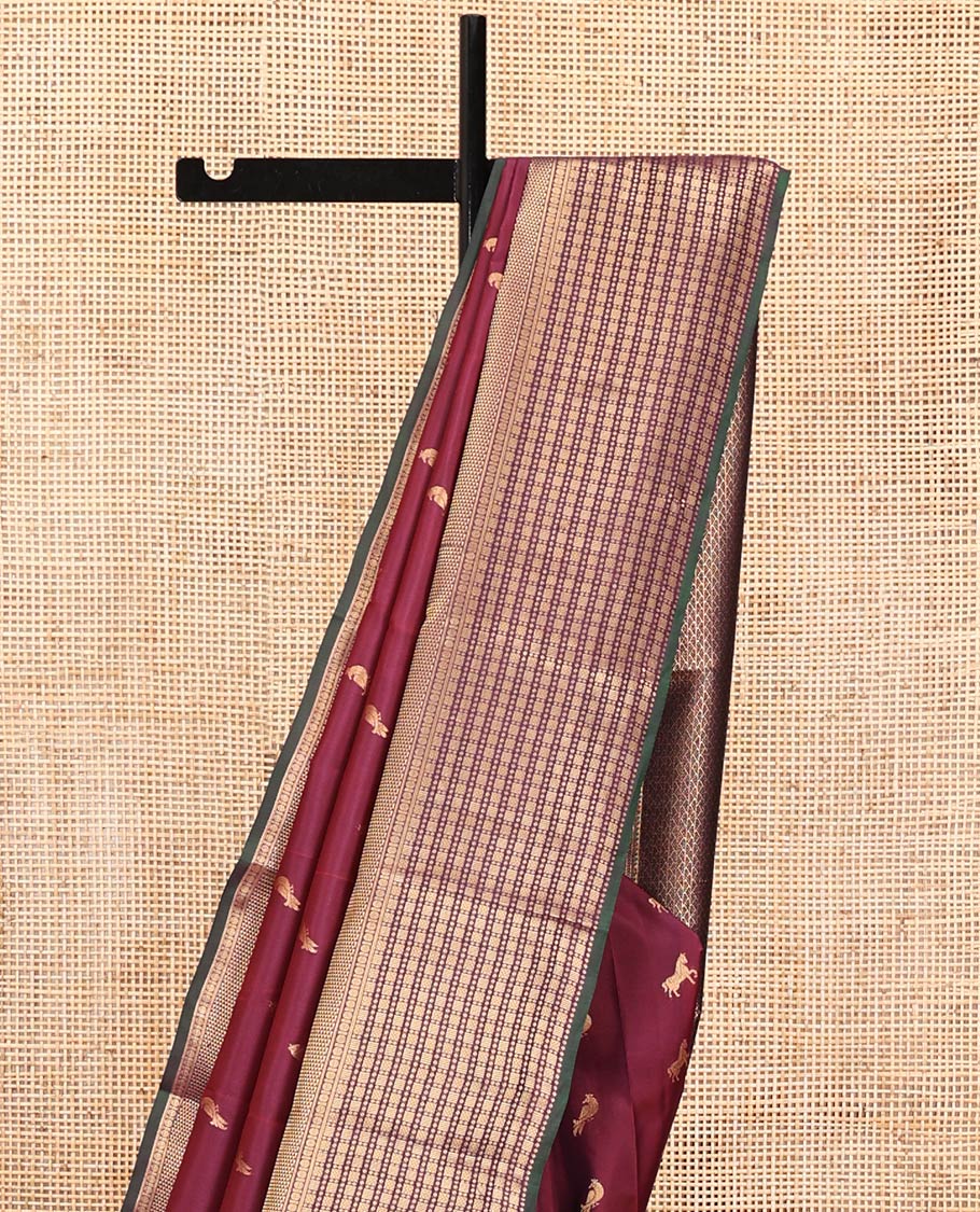 Maroon Vasundhara Lite Silk Mix Saree, Embellished with Zari Buttas All Over Its Body, Complemented by Contrast Border of Rekku, Kathir, Poun, Ara Maadam, and Geometric Patterns, Grand Pallu and Paired with a Contrast Blouse - Image 3