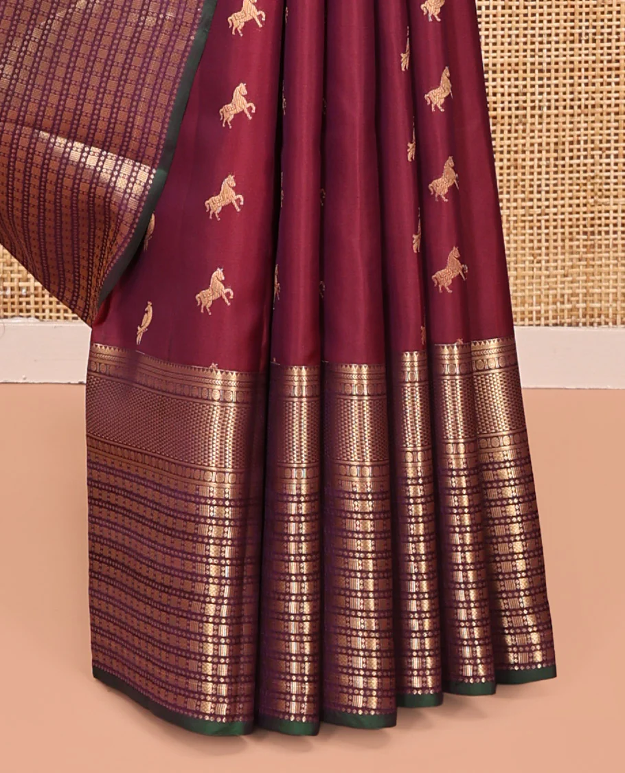 Maroon Vasundhara Lite Silk Mix Saree, Embellished with Zari Buttas All Over Its Body, Complemented by Contrast Border of Rekku, Kathir, Poun, Ara Maadam, and Geometric Patterns, Grand Pallu and Paired with a Contrast Blouse - Image 4