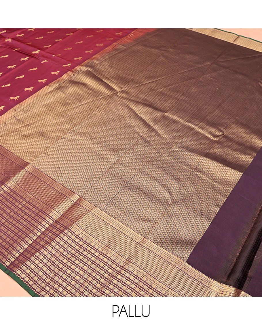 Maroon Vasundhara Lite Silk Mix Saree, Embellished with Zari Buttas All Over Its Body, Complemented by Contrast Border of Rekku, Kathir, Poun, Ara Maadam, and Geometric Patterns, Grand Pallu and Paired with a Contrast Blouse - Image 5