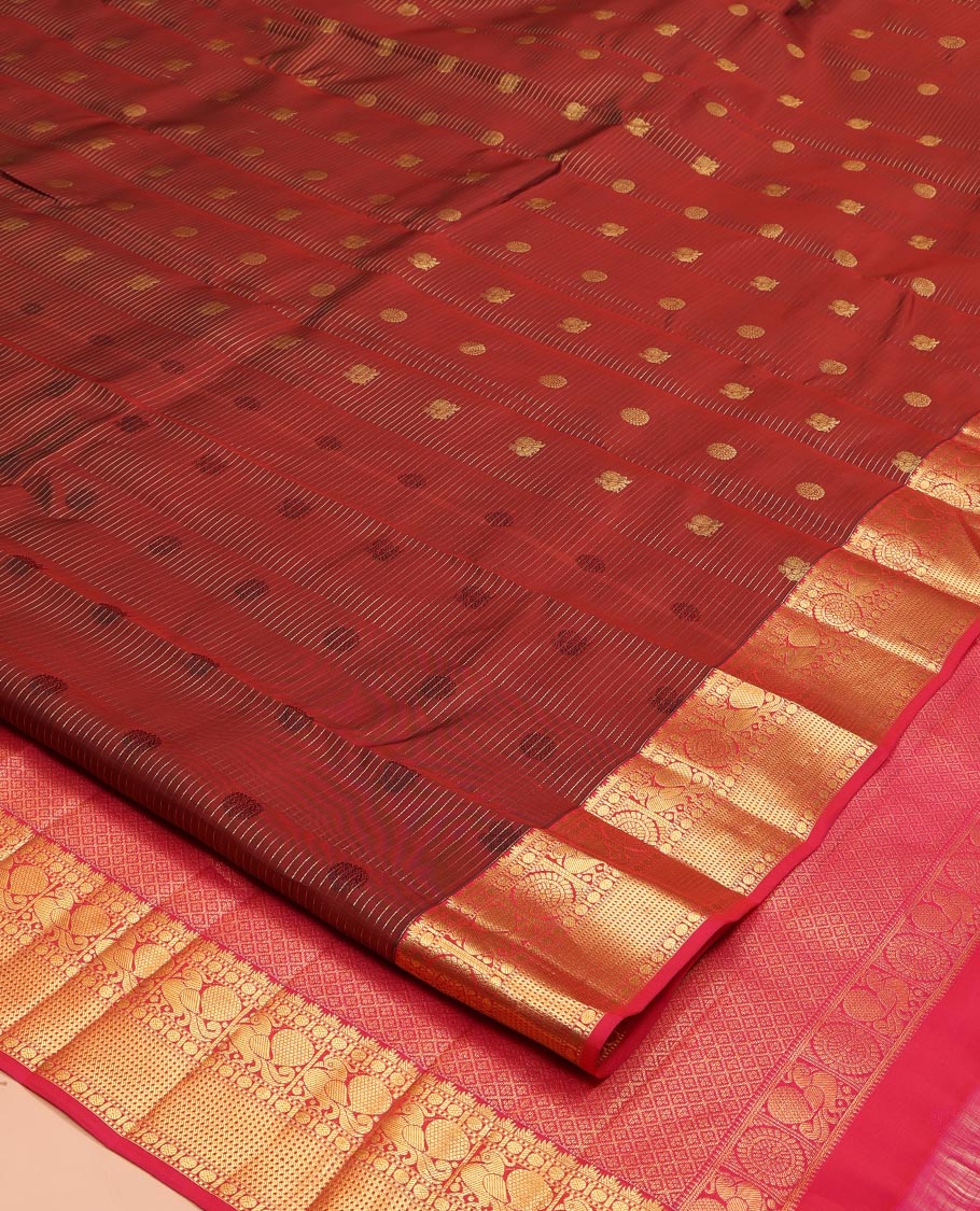Maroon Vasundhara Lite Silk Mix Saree, Mesmerized with Annam-Chakram Butts and Stripes on Its Body, Complemented by Contrast Border of Thazampoo Rekku, Muthu, Rudraskham, Mayil, and Muthu Designs, Grand Jaal Pallu, and Paired with a Contrast Blouse - Image 2