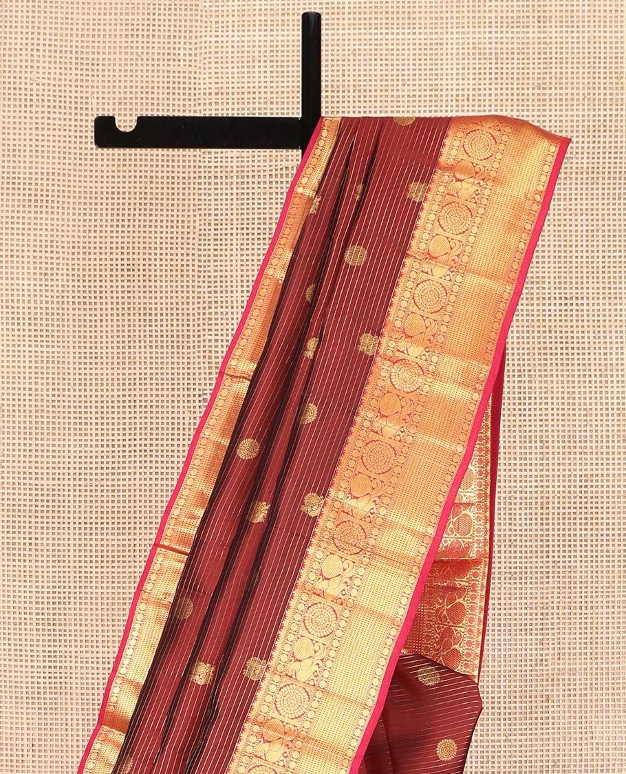 Maroon Vasundhara Lite Silk Mix Saree, Mesmerized with Annam-Chakram Butts and Stripes on Its Body, Complemented by Contrast Border of Thazampoo Rekku, Muthu, Rudraskham, Mayil, and Muthu Designs, Grand Jaal Pallu, and Paired with a Contrast Blouse - Image 3