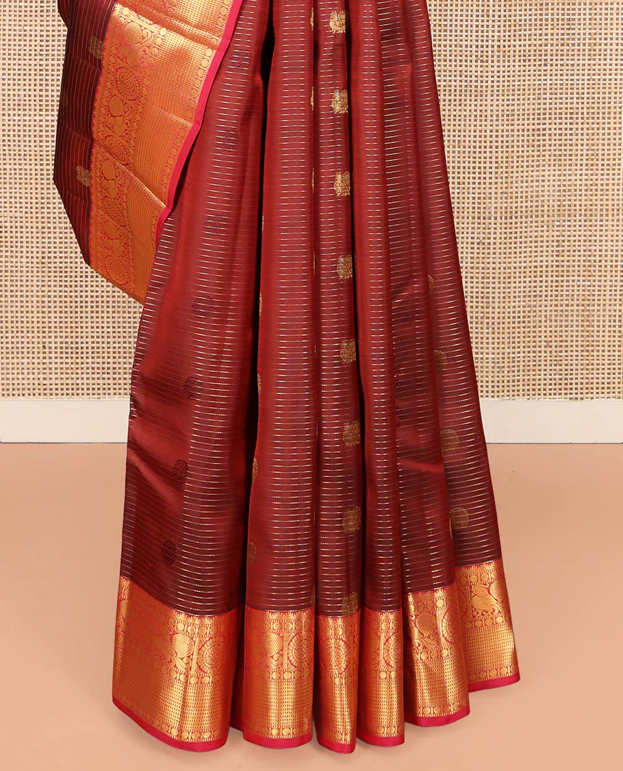 Maroon Vasundhara Lite Silk Mix Saree, Mesmerized with Annam-Chakram Butts and Stripes on Its Body, Complemented by Contrast Border of Thazampoo Rekku, Muthu, Rudraskham, Mayil, and Muthu Designs, Grand Jaal Pallu, and Paired with a Contrast Blouse - Image 4