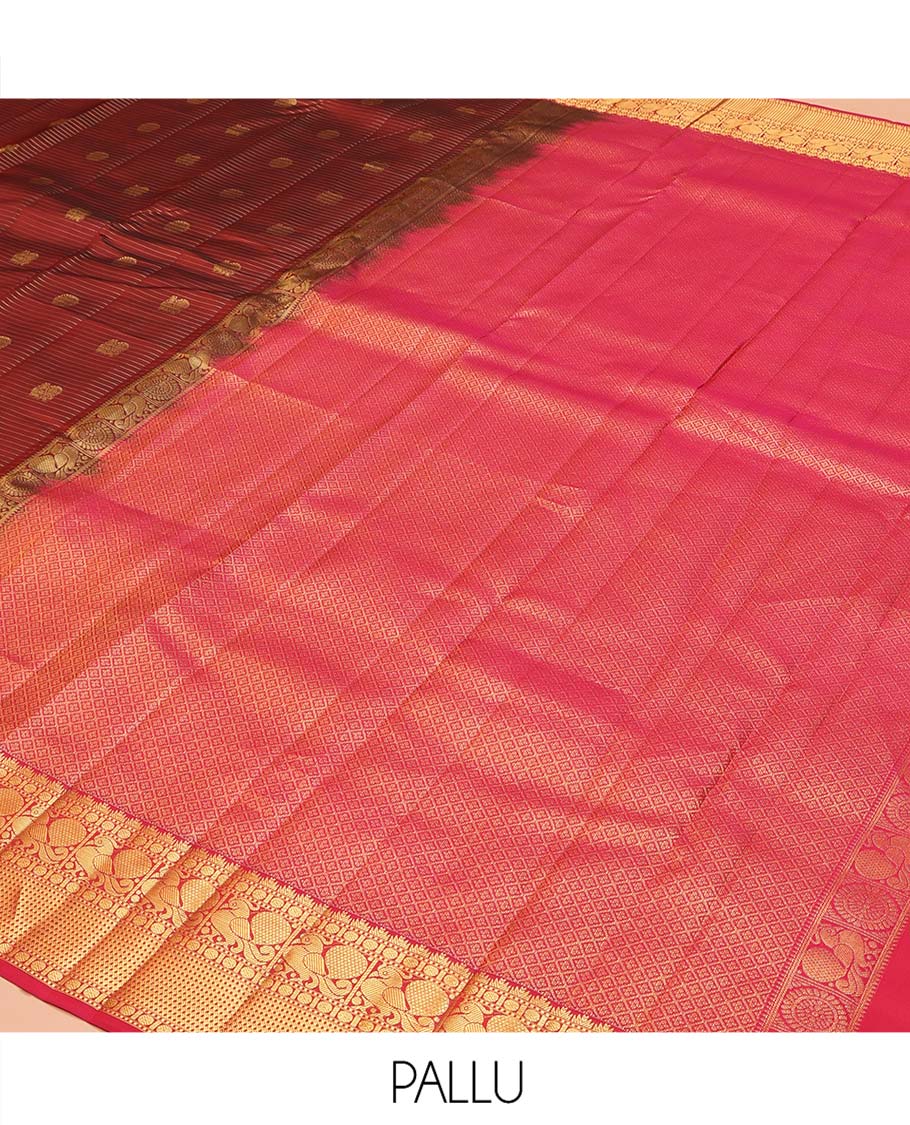 Maroon Vasundhara Lite Silk Mix Saree, Mesmerized with Annam-Chakram Butts and Stripes on Its Body, Complemented by Contrast Border of Thazampoo Rekku, Muthu, Rudraskham, Mayil, and Muthu Designs, Grand Jaal Pallu, and Paired with a Contrast Blouse - Image 5