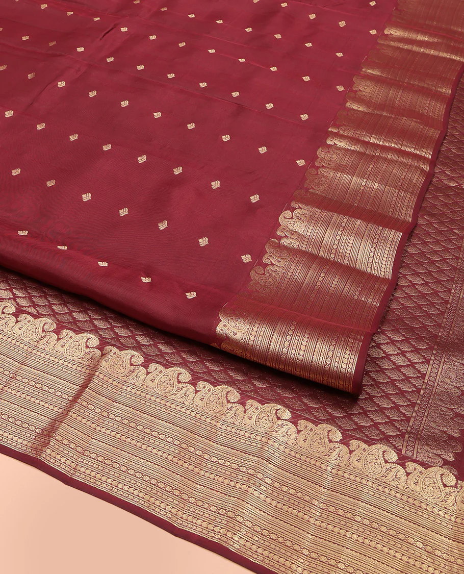 Maroon Vasundhara Lite Silk Mix Saree, Prettified with Zari Buttas, Highlighted by a Zari Border of Manga, and Geometric Designs, Pallu Adorned with Jaal Designs, and Paired with a Matching Blouse - Image 2