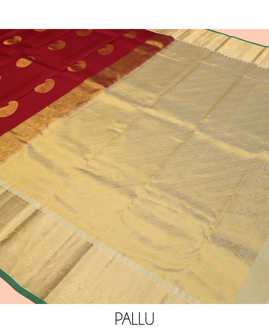 Maroon Vasundhara Silk Saree, Adorned with Arumbu Manga Buttas All Over Its Body, Complemented by Contrast Border of Thilakam Mokku, Mayil and Mayil Kann Designs, Grand Pallu and Paired with a Contrast Blouse - Image 5