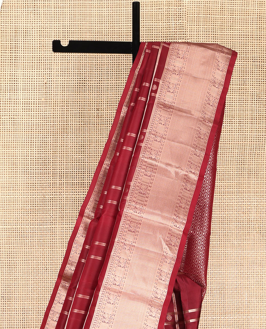 Maroon Vasundhara Silk Saree, Artfully Detailed with Buttas and Checked Design on Its Body, Highlighted by Zari Border of Manga Mokku, Poun, Mayil, and Mayil Kann Designs, Pallu of Geometric Designs, and Paired with a Matching Blouse - Image 3
