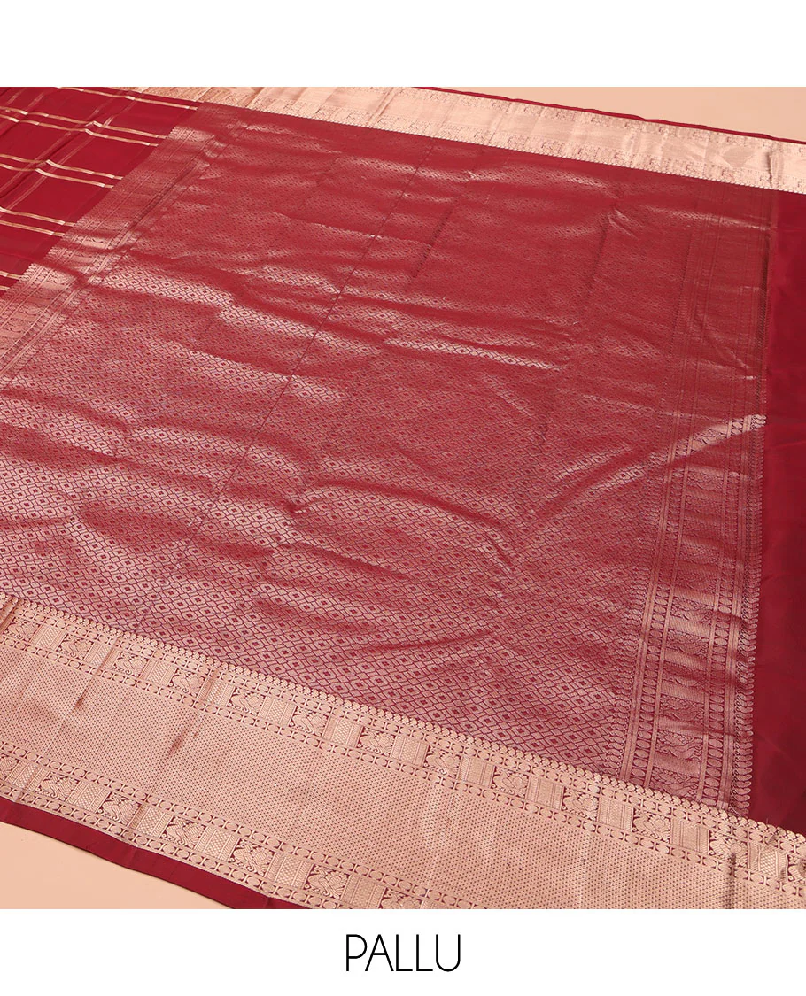 Maroon Vasundhara Silk Saree, Artfully Detailed with Buttas and Checked Design on Its Body, Highlighted by Zari Border of Manga Mokku, Poun, Mayil, and Mayil Kann Designs, Pallu of Geometric Designs, and Paired with a Matching Blouse - Image 5
