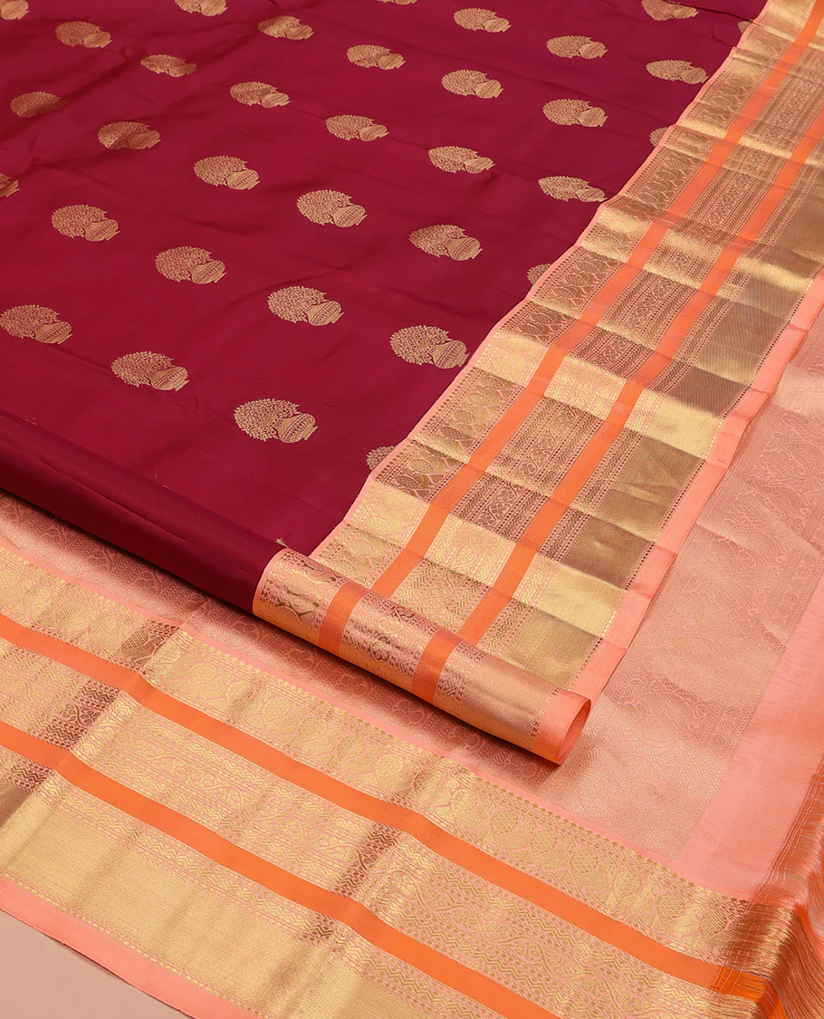 Maroon Vasundhara Silk Saree, Detailed with Floral Zari Buttas All Over Its Body, Complemented by a Contrast Border of Salngai, Mayil, Rettai Neli, and Kodi Visiry Designs, Pallu Steeped with Kodi Visiry Designs, and Paired with a Contrast Blouse - Image 2