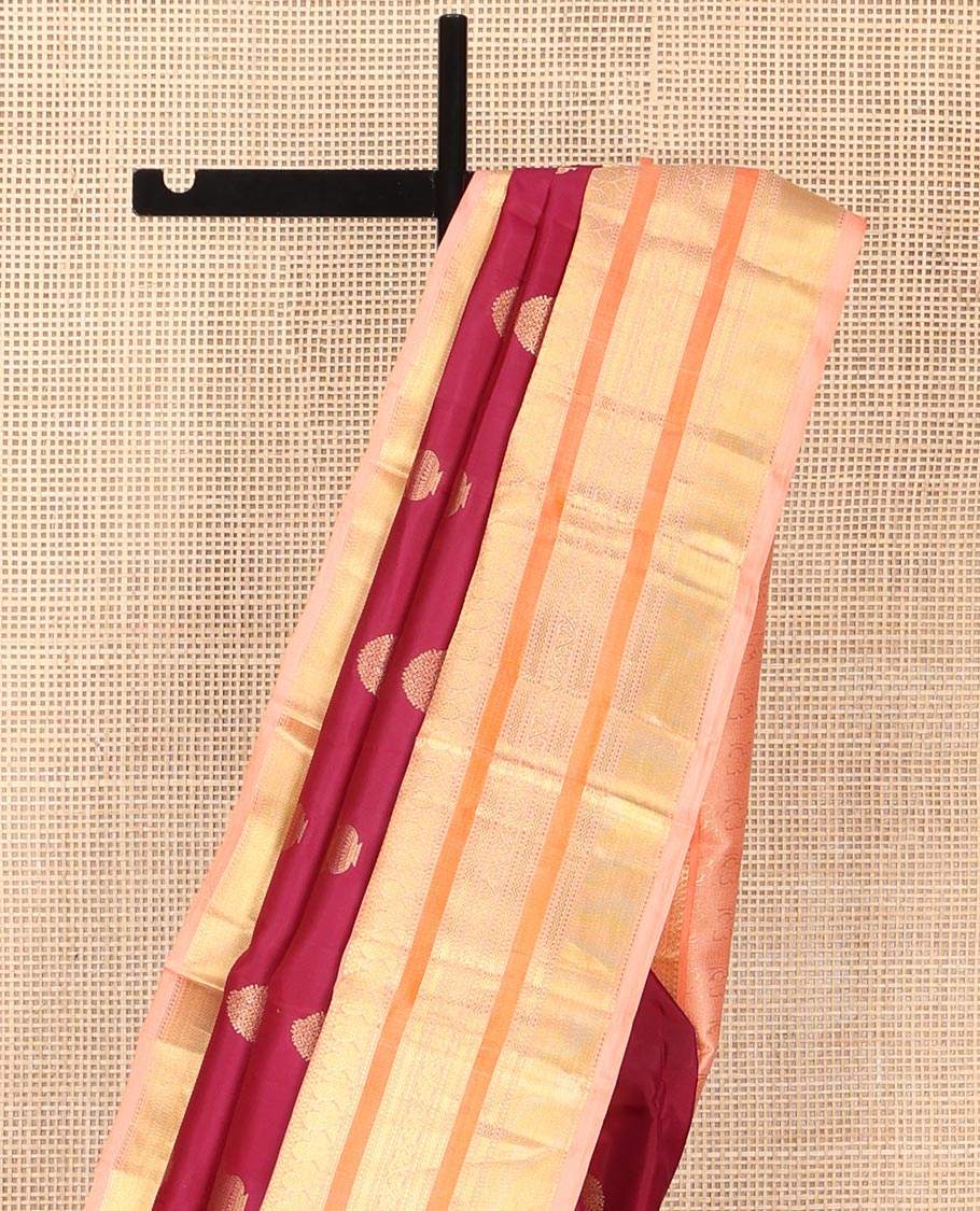 Maroon Vasundhara Silk Saree, Detailed with Floral Zari Buttas All Over Its Body, Complemented by a Contrast Border of Salngai, Mayil, Rettai Neli, and Kodi Visiry Designs, Pallu Steeped with Kodi Visiry Designs, and Paired with a Contrast Blouse - Image 3