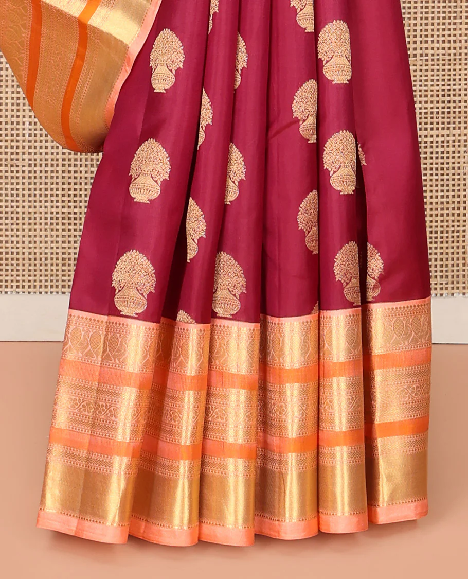 Maroon Vasundhara Silk Saree, Detailed with Floral Zari Buttas All Over Its Body, Complemented by a Contrast Border of Salngai, Mayil, Rettai Neli, and Kodi Visiry Designs, Pallu Steeped with Kodi Visiry Designs, and Paired with a Contrast Blouse - Image 4
