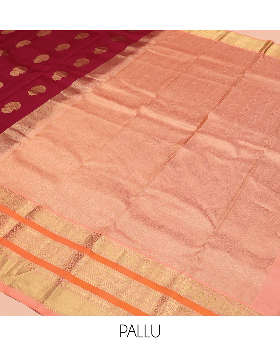 Maroon Vasundhara Silk Saree, Detailed with Floral Zari Buttas All Over Its Body, Complemented by a Contrast Border of Salngai, Mayil, Rettai Neli, and Kodi Visiry Designs, Pallu Steeped with Kodi Visiry Designs, and Paired with a Contrast Blouse - Image 5