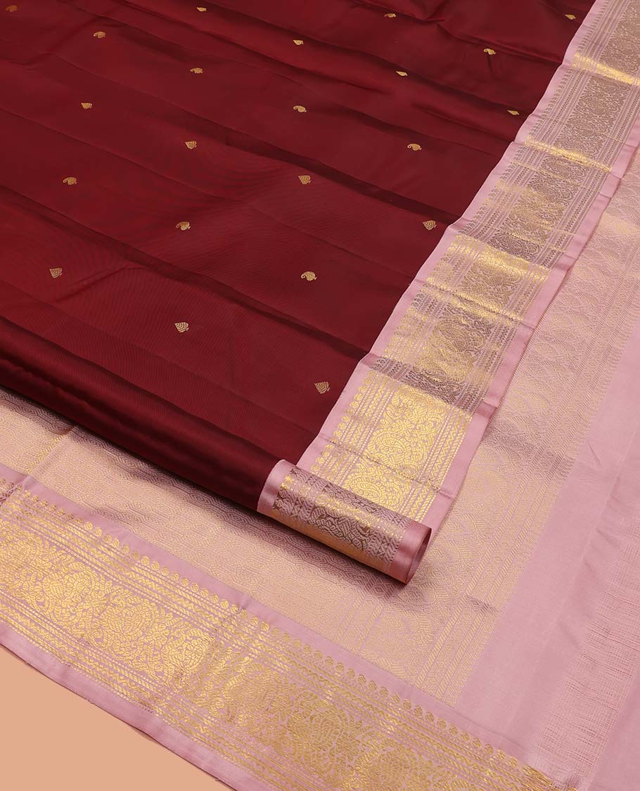 Maroon Vasundhara Silk Saree, Embellished with Zari Buttas All Over Its Body, Complemented by a Contrast Border of Manga, Banaras, Muthu, Neli, and Mayil Designs, Grand Pallu, and Paired with a Contrast Blouse - Image 2