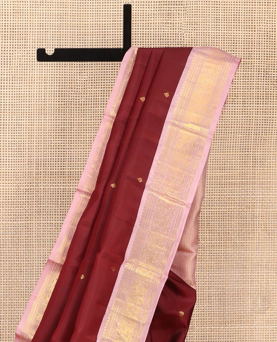 Maroon Vasundhara Silk Saree, Embellished with Zari Buttas All Over Its Body, Complemented by a Contrast Border of Manga, Banaras, Muthu, Neli, and Mayil Designs, Grand Pallu, and Paired with a Contrast Blouse - Image 3