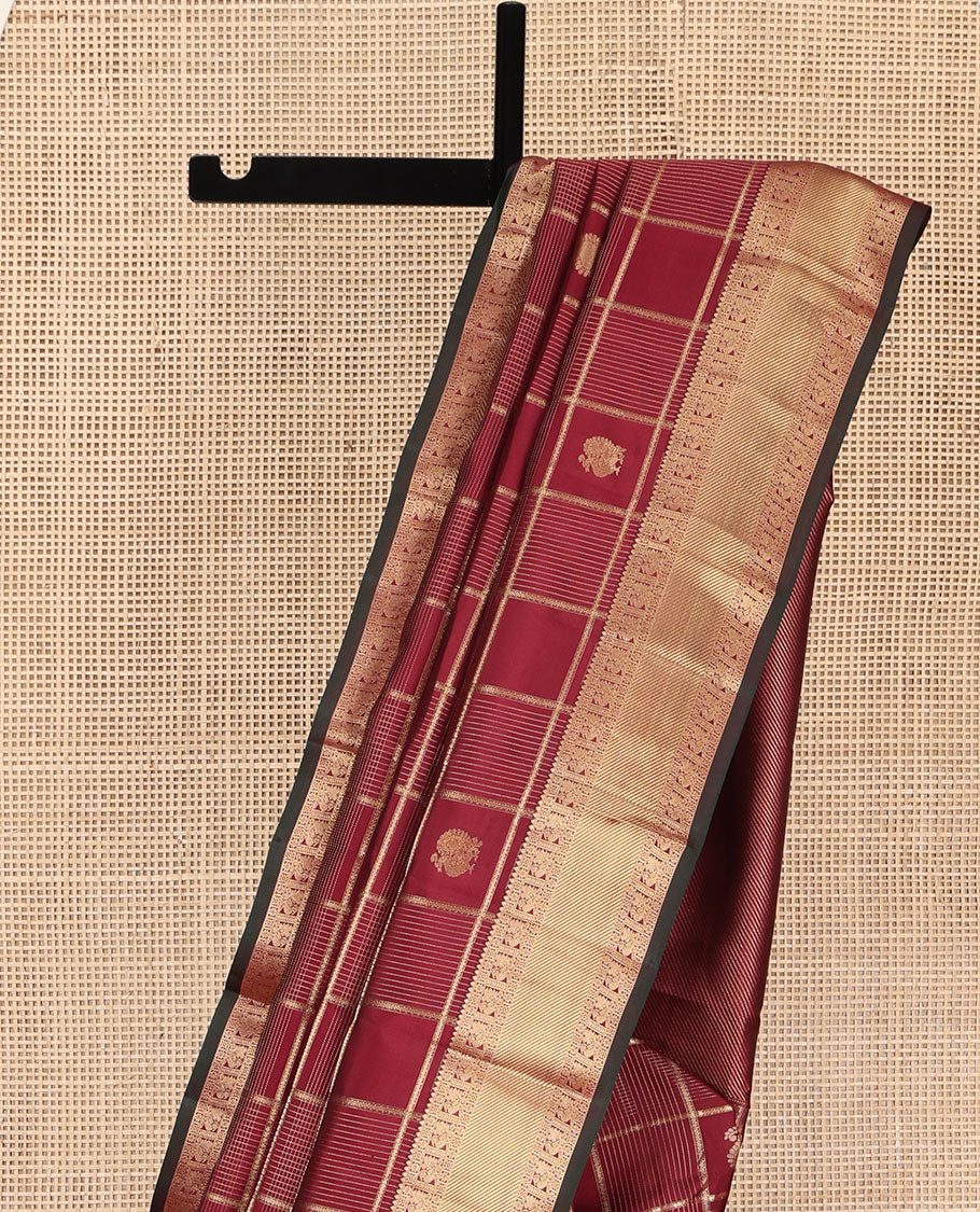 Maroon Vasundhara Silk Saree, Embellished with Zari Buttas and Zari Checks All Over Its Body, Highlighted by a Zari Border of Rekku, Kamalam, Diamond, and Mayil Designs, Diagonally Zari Striped Pallu, and Paired with a Contrast Blouse - Image 3