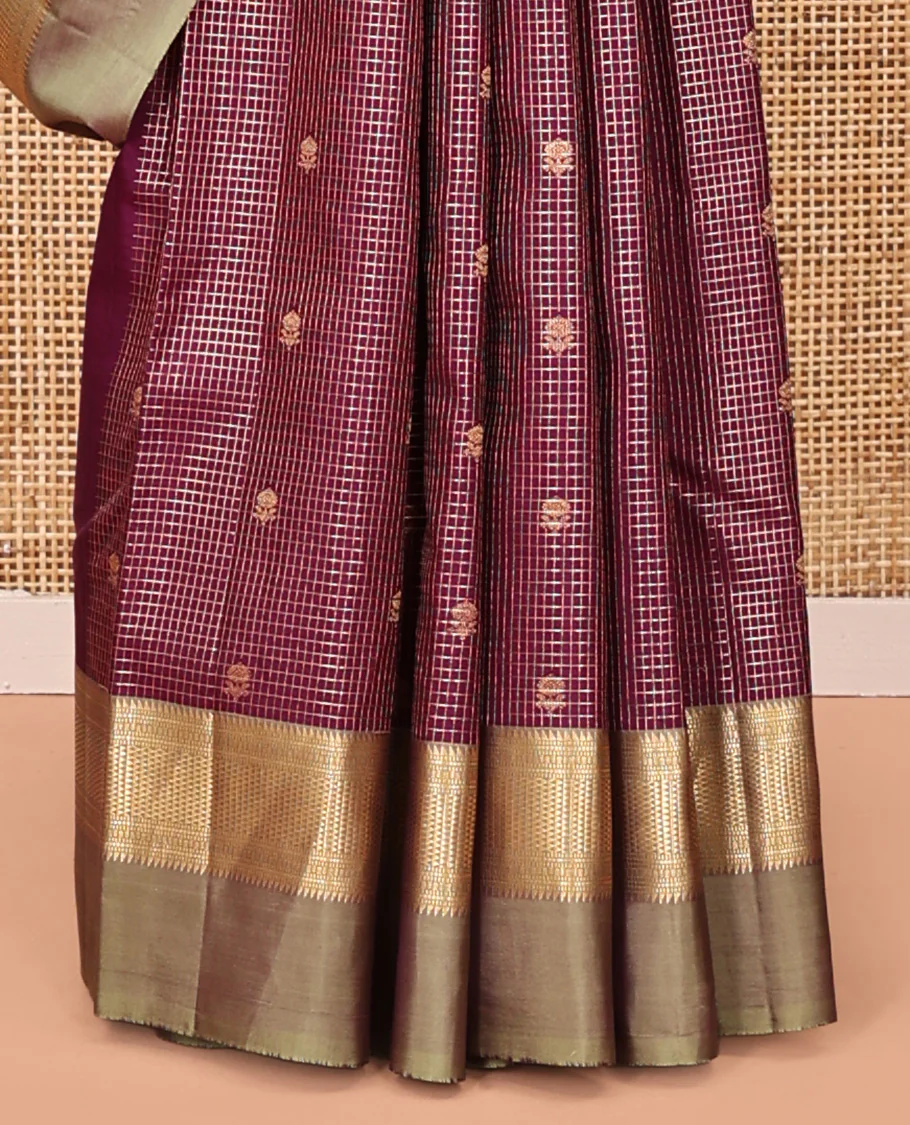 Maroon Vasundhara Silk Saree, Finely Crafted with Zari Butta and Checks All Over Its Body, Complemented by a Contrast Kal Eragina Border of Ara Bogudi, Muthu, and Ara Maadam Designs, Grand Jaal Pallu, and Paired with a Contrast Blouse - Image 4