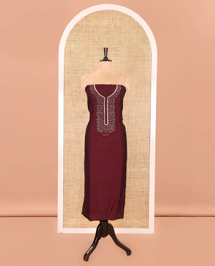 Maroon Vichitra Silk Material Churidar Set, Finely Crafted with Swarovski Stone Work and Neck Work Top, Comes with a Plain Santoon Bottom, and Is Paired with Nc Moss Organza Floral Jaal Design Dupatta - Image 3