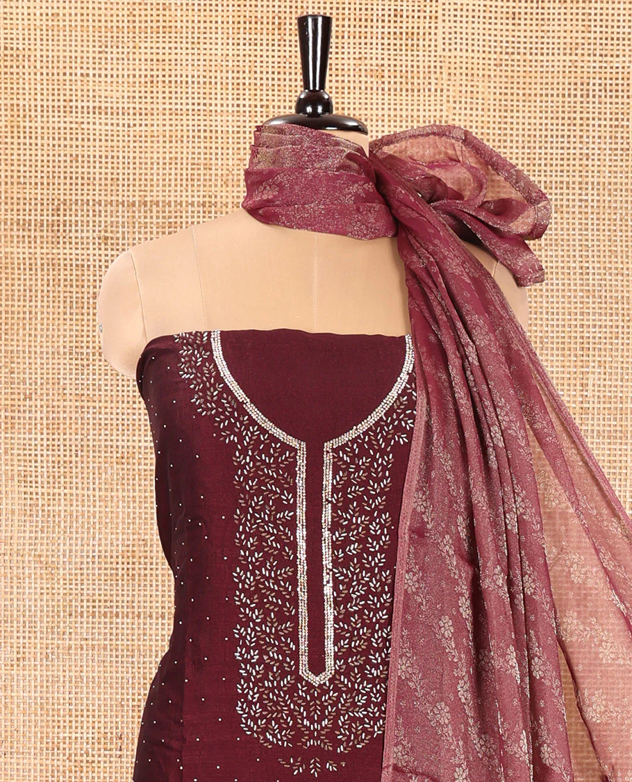Maroon Vichitra Silk Material Churidar Set, Finely Crafted with Swarovski Stone Work and Neck Work Top, Comes with a Plain Santoon Bottom, and Is Paired with Nc Moss Organza Floral Jaal Design Dupatta - Image 4