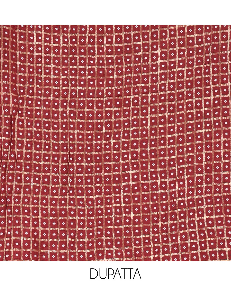 Maroon Vichitra Silk Material Churidar Set, Subtly Made Plain Top, a Plain Santoon Bottom, and Paired with a Vichitra Silk Bandhani Dot Enclosed Checked Dupatta - Image 2