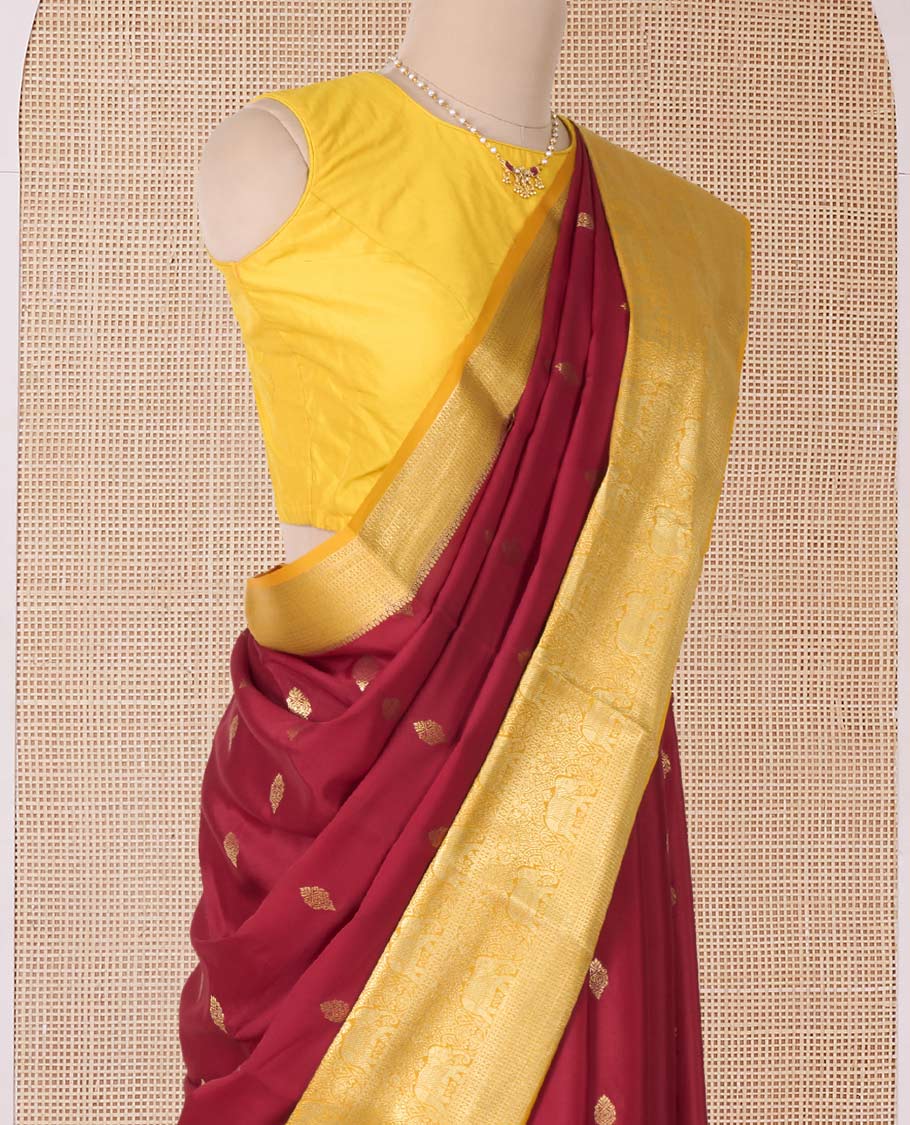 Maroon zari buttas Mysore silk saree with contrast traditional zari border, and a pallu of paisleys - Image 3