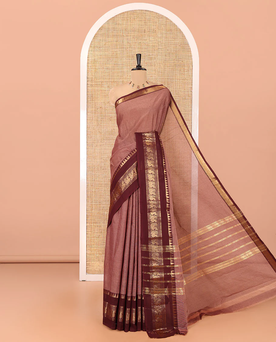 Mauve Plain Chettinad Cotton Saree, Contrast Rettai Pettu Temple-Peacock Border, a Self-Pallu, a Matching Blouse