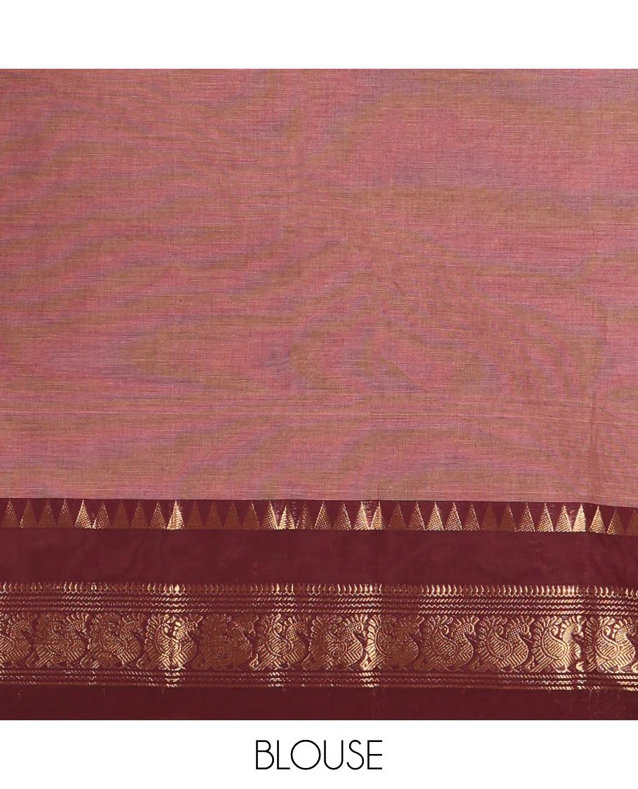Mauve Plain Chettinad Cotton Saree, Contrast Rettai Pettu Temple-Peacock Border, a Self-Pallu, a Matching Blouse - Image 3