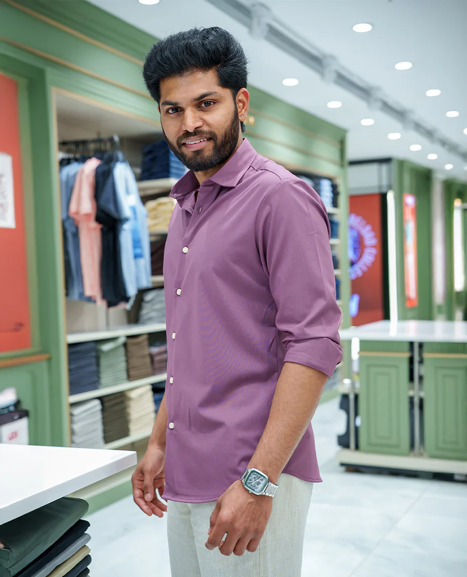 Mauve Plain Cotton Blended Casual Liquid Shirt, Featuring a Spread Collar, Full Sleeves, Slim Fit, and Regular Length - Image 5