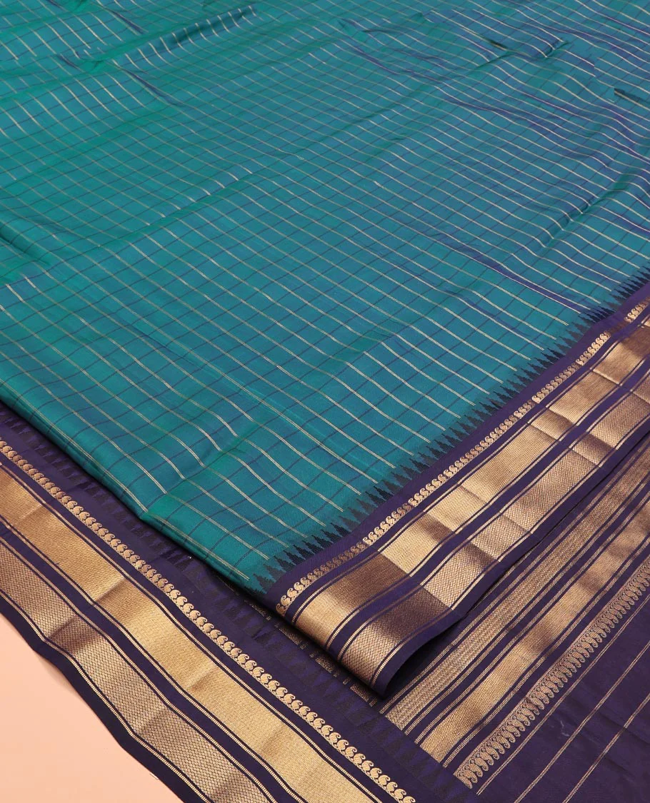 Mayil-Navy Blue Vasundhara Lite Silkmix Saree, Graced with Checks, Contrast Border of Rekku, Manga Mokku, and Mayil Kann, Grand Pallu, and Contrast Blouse - Image 5