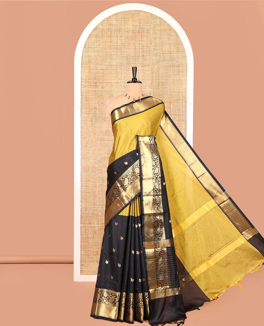 Mehendi and Black Banarasi Tissue Saree, Adorned with Half-And-Half-Style and Zari Buttas All Over Its Body, Complemented by a Contrast Traditional Zari Design Border, a Self-Pallu, and Paired with a Matching Blouse