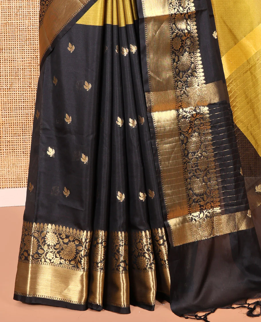 Mehendi and Black Banarasi Tissue Saree, Adorned with Half-And-Half-Style and Zari Buttas All Over Its Body, Complemented by a Contrast Traditional Zari Design Border, a Self-Pallu, and Paired with a Matching Blouse - Image 3