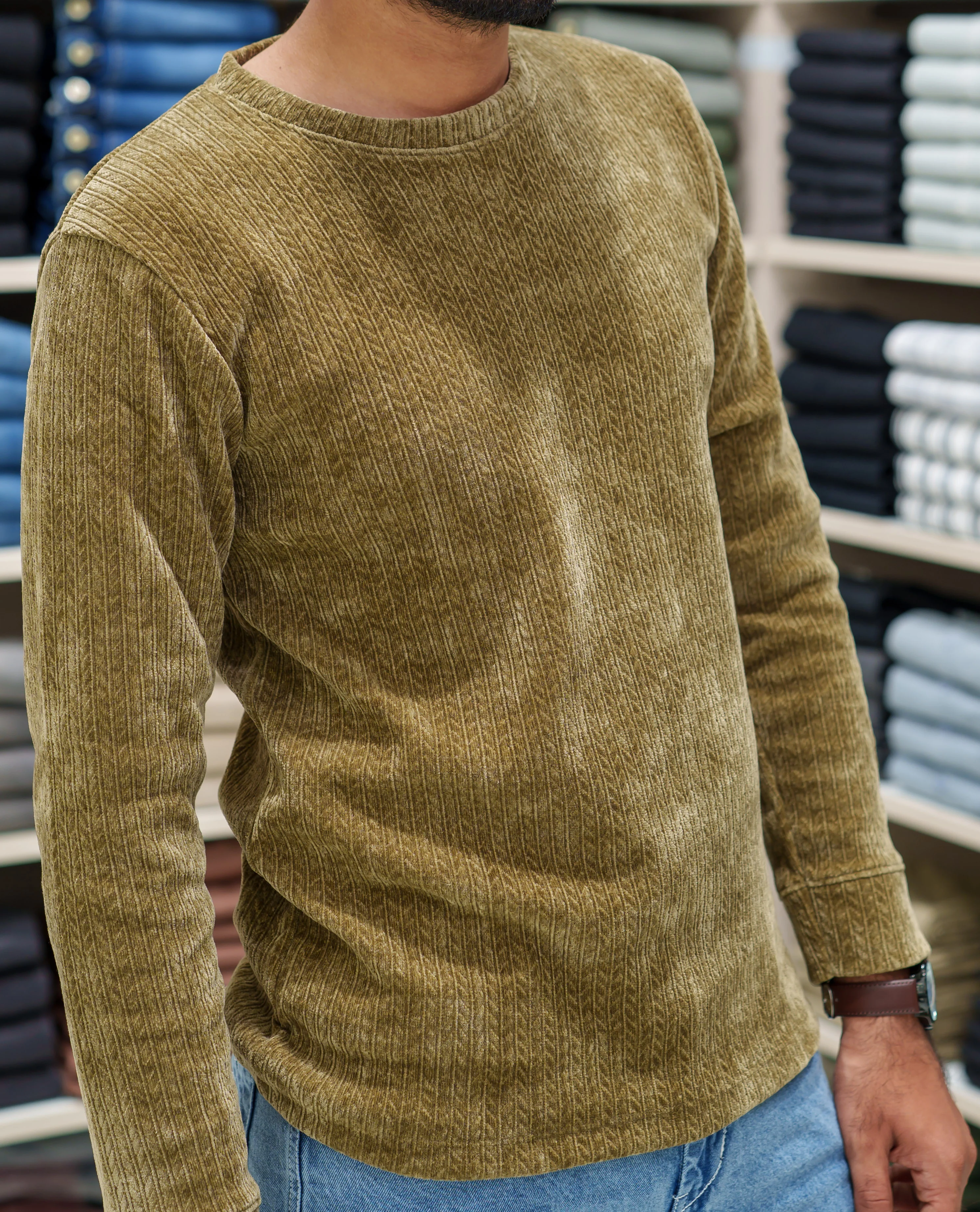Mehendi Corduroy T-Shirt, Comes with Geometric Textures, a Crew-Neck, Full Sleeves, Slim Fit, and Regular Length - Image 2