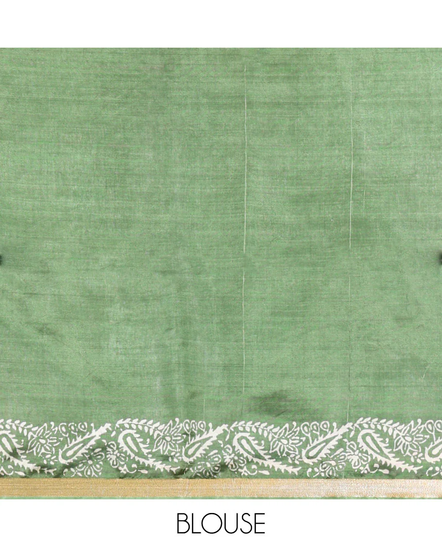 Mehendi Green Banana Pith Saree Enthralled with Floral Motifs Discharge Print All Over Its Body, Zari Bavanji Border, Pallu Subtly Woven in Floral-Paisley Print and Zari Weave, and Paired with a Matching Blouse - Image 4