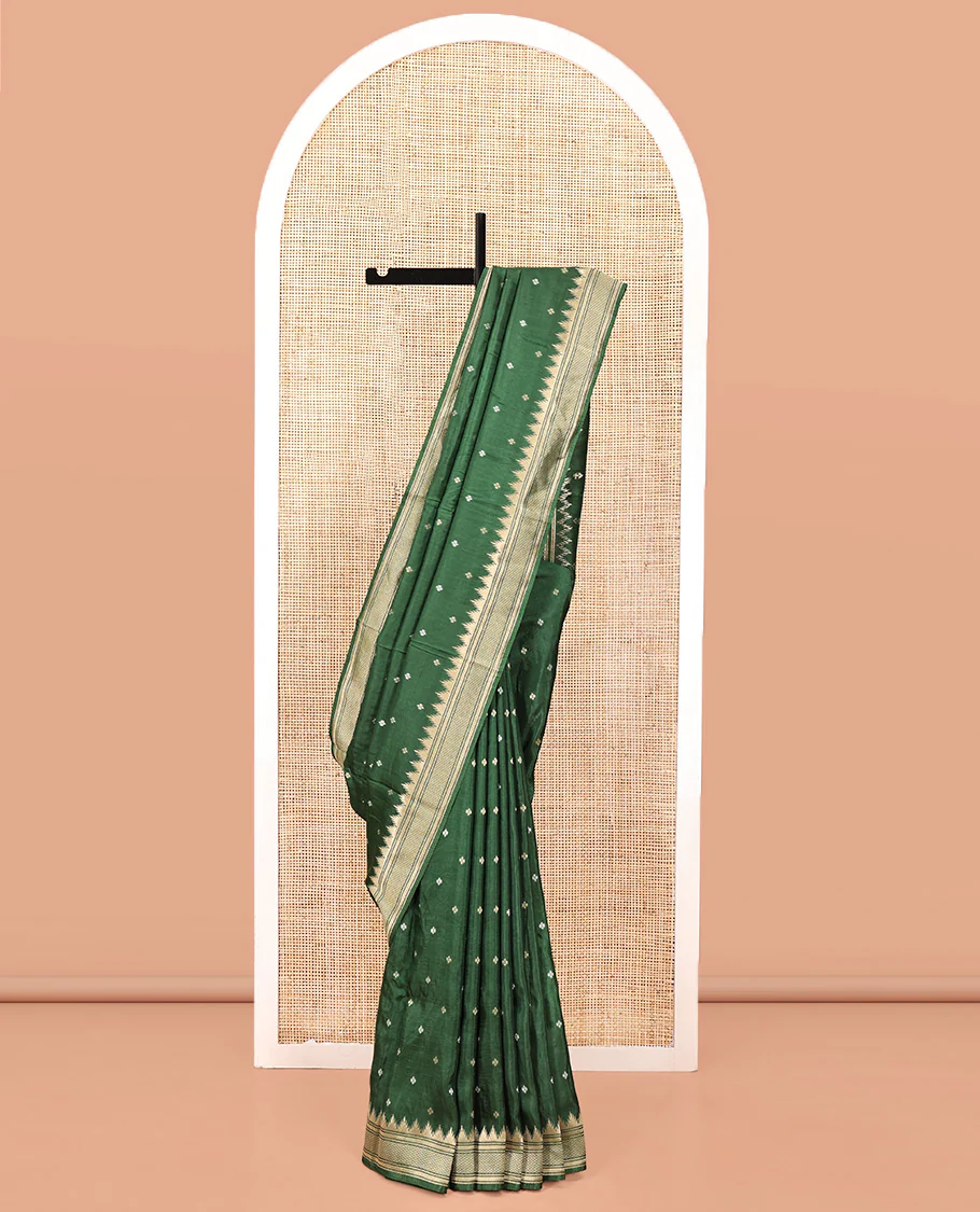 Mehendi Green HO Silk Saree, Elevated with Zari Buttas All Over Its Body, Highlighted by Temple Border of Diamond Patterns, Pallu Artfully Woven with Tree of Life Design, and Paired with a Matching Blouse