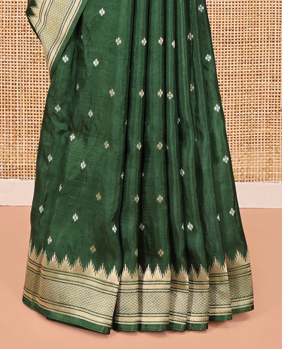 Mehendi Green HO Silk Saree, Elevated with Zari Buttas All Over Its Body, Highlighted by Temple Border of Diamond Patterns, Pallu Artfully Woven with Tree of Life Design, and Paired with a Matching Blouse - Image 4
