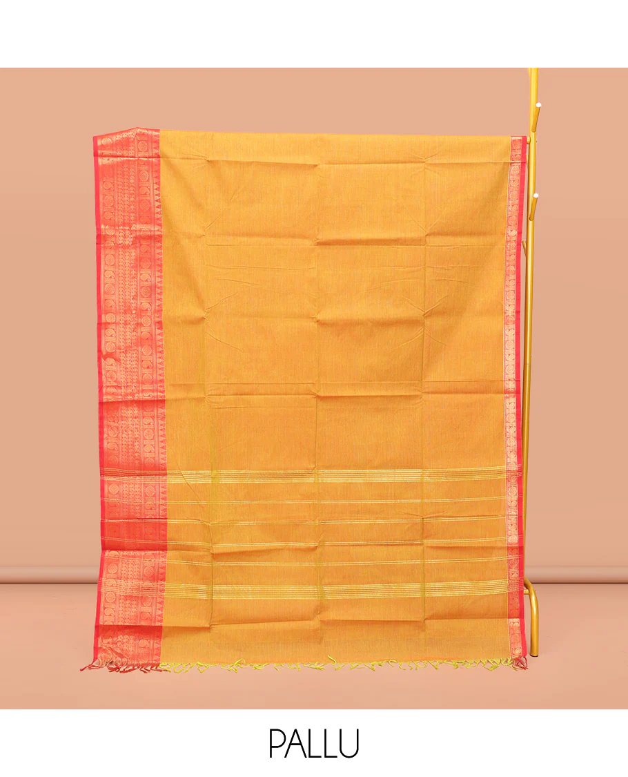 Mehendi Green Plain Chettinad Cotton Saree, Complemented by a Contrast Traditional Zari Design Woven Temple Border, Pallu of Stripes, and Paired with a Matching Blouse - Image 3