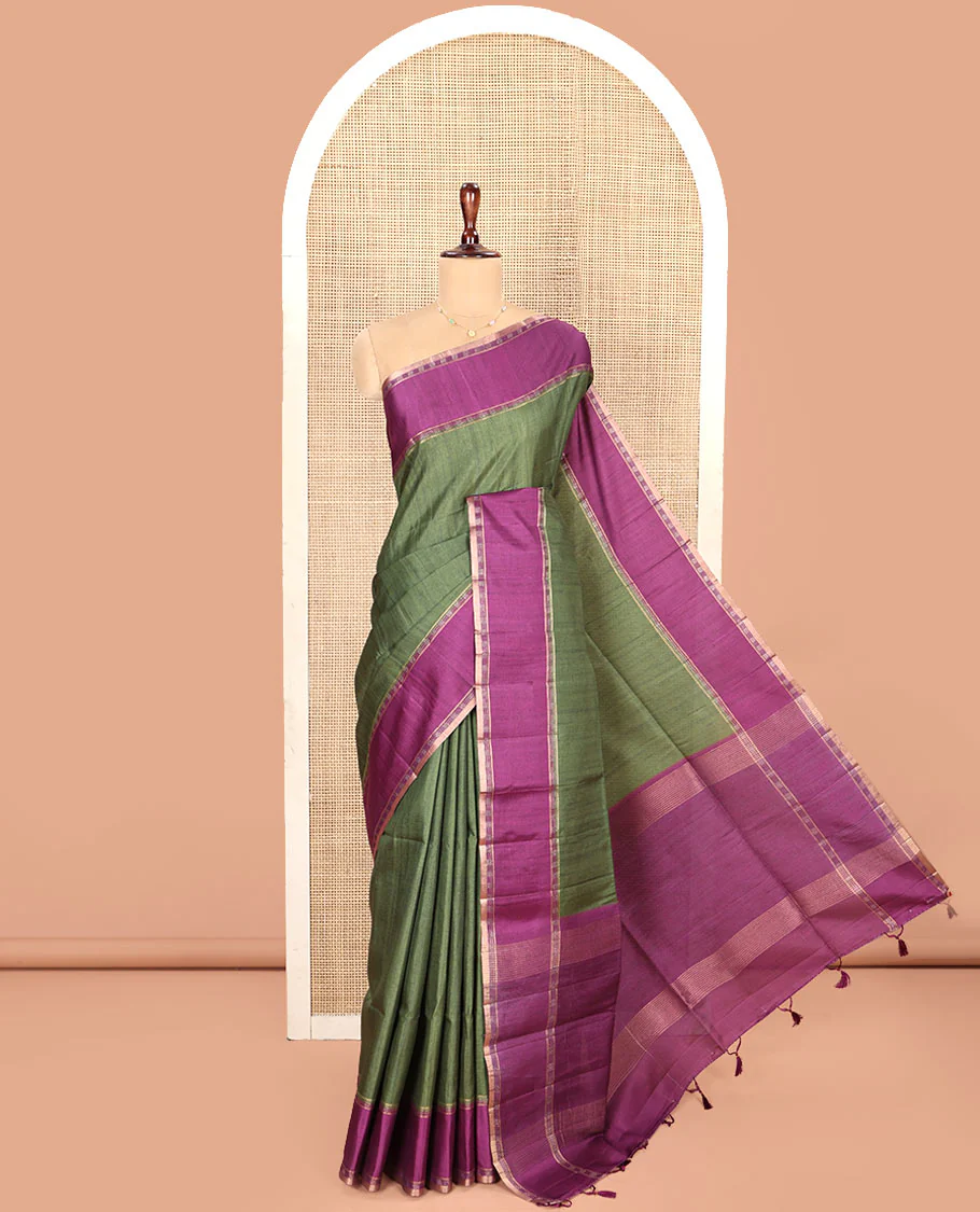 Mehendi Green Plain Semi-Tussar Silk Saree, Complemented by a Contrast Geometric Design Border, Subtly Zari Striped Pallu, and Paired with a Contrast Patola Printed Blouse - Image 3