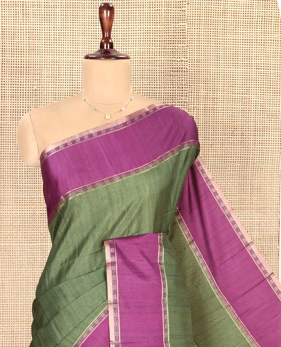 Mehendi Green Plain Semi-Tussar Silk Saree, Complemented by a Contrast Geometric Design Border, Subtly Zari Striped Pallu, and Paired with a Contrast Patola Printed Blouse - Image 4
