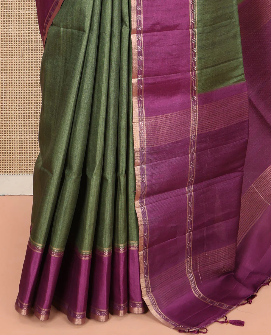 Mehendi Green Plain Semi-Tussar Silk Saree, Complemented by a Contrast Geometric Design Border, Subtly Zari Striped Pallu, and Paired with a Contrast Patola Printed Blouse - Image 5