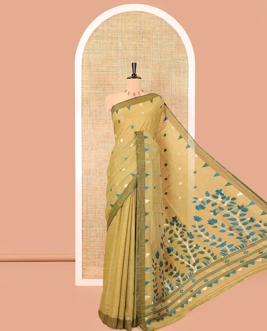 Mehendi Jute Cotton Saree, Adorned with Diamond Meena Buttas All Over Its Body, Complemented by a Contrast Border, Pallu of Jamdhani-Style Floral Designs, and Paired with a Contrast Blouse