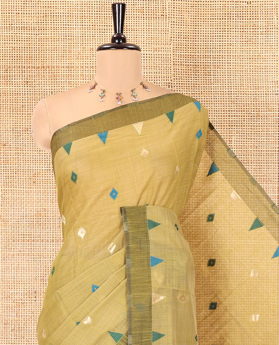 Mehendi Jute Cotton Saree, Adorned with Diamond Meena Buttas All Over Its Body, Complemented by a Contrast Border, Pallu of Jamdhani-Style Floral Designs, and Paired with a Contrast Blouse - Image 2