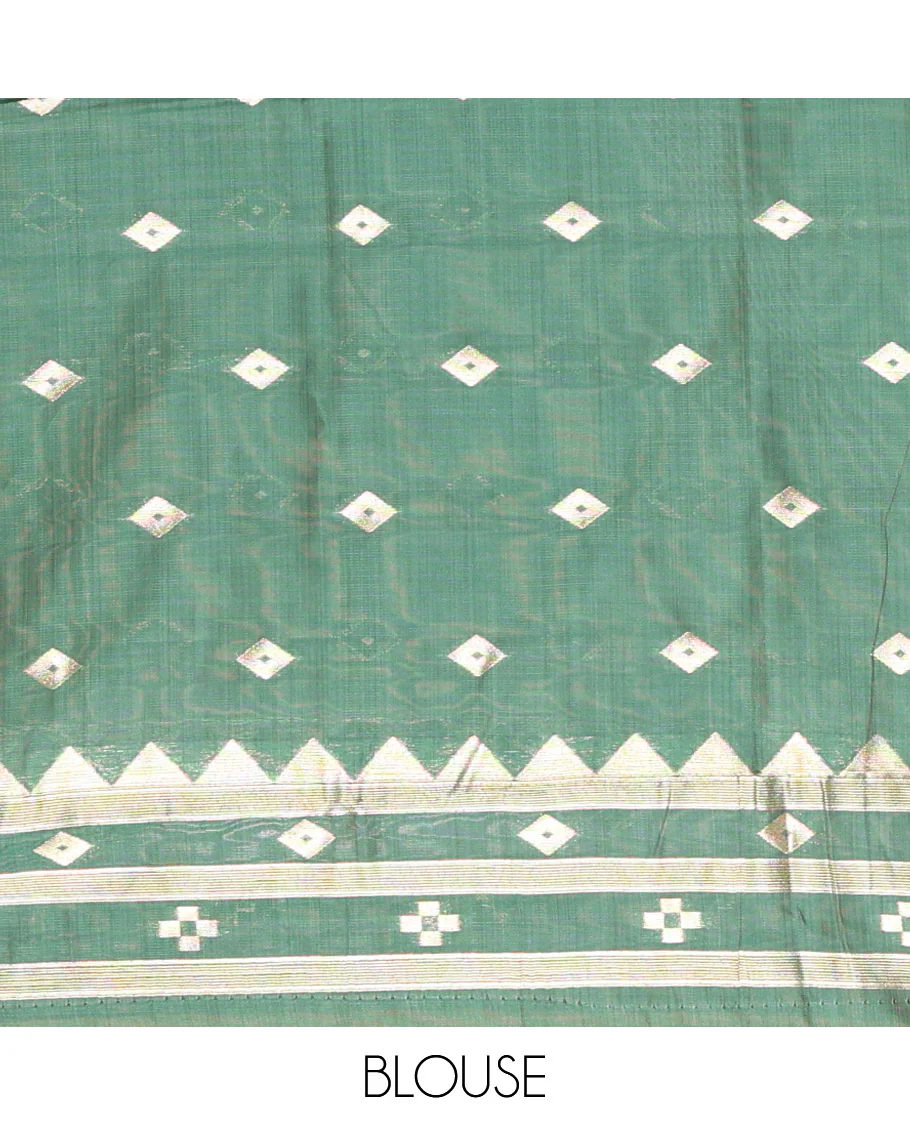 Mehendi Jute Cotton Saree, Adorned with Diamond Meena Buttas All Over Its Body, Complemented by a Contrast Border, Pallu of Jamdhani-Style Floral Designs, and Paired with a Contrast Blouse - Image 3