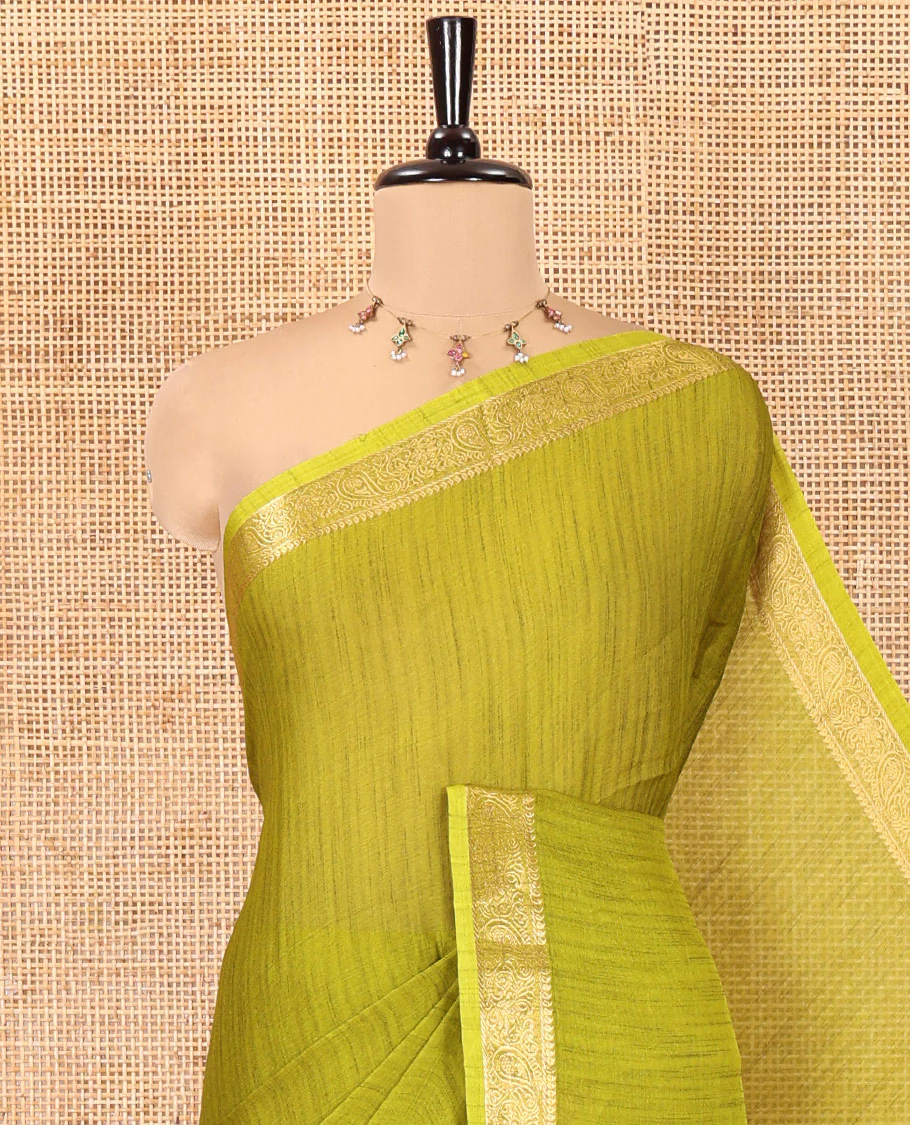 Mehendi Plain Moss Chiffon Saree, Highlighted by a Zari Border of Paisley Designs, a Self-Pallu, and Has No Blouse - Image 2